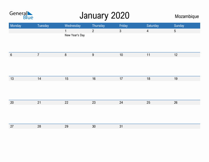 Fillable January 2020 Calendar