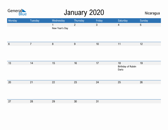 Fillable January 2020 Calendar