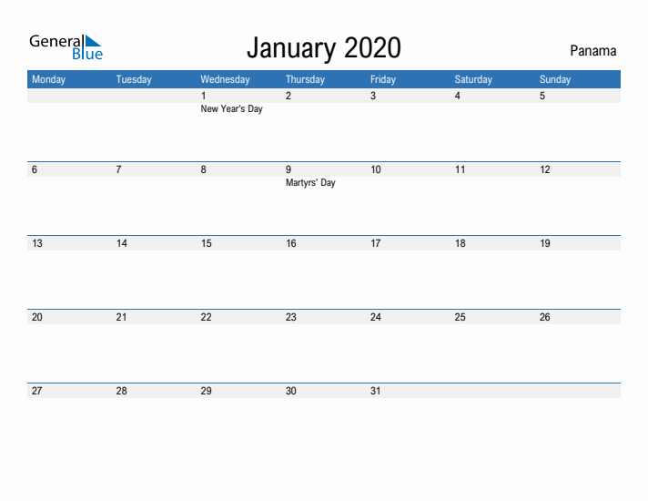 Fillable January 2020 Calendar