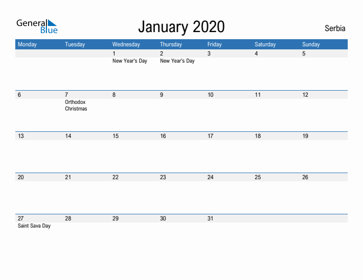 Fillable January 2020 Calendar