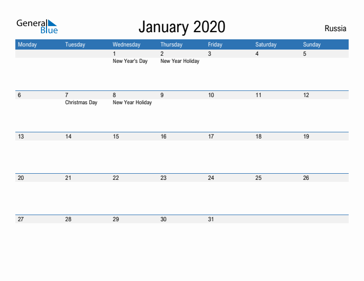 Fillable January 2020 Calendar