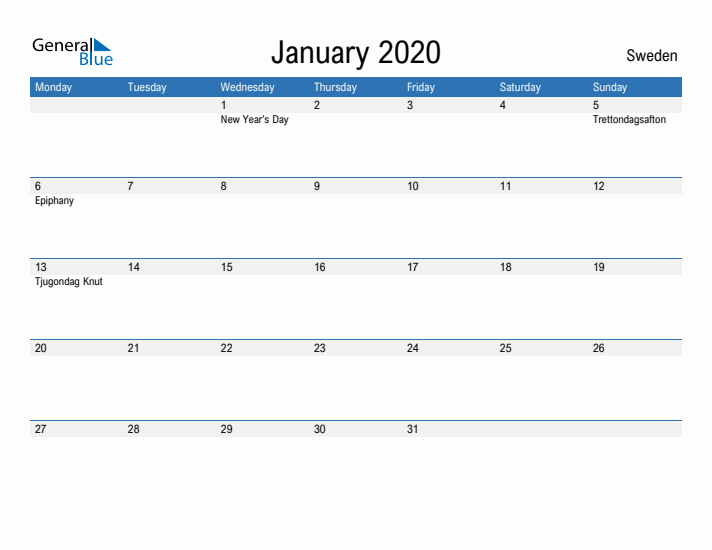 Fillable January 2020 Calendar