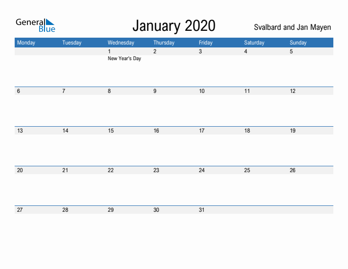 Fillable January 2020 Calendar