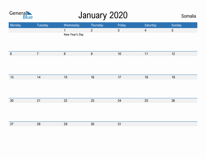 Fillable January 2020 Calendar