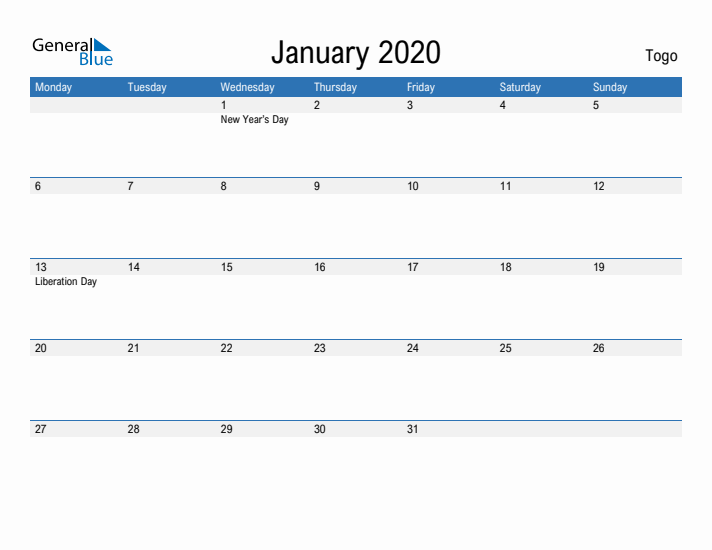 Fillable January 2020 Calendar