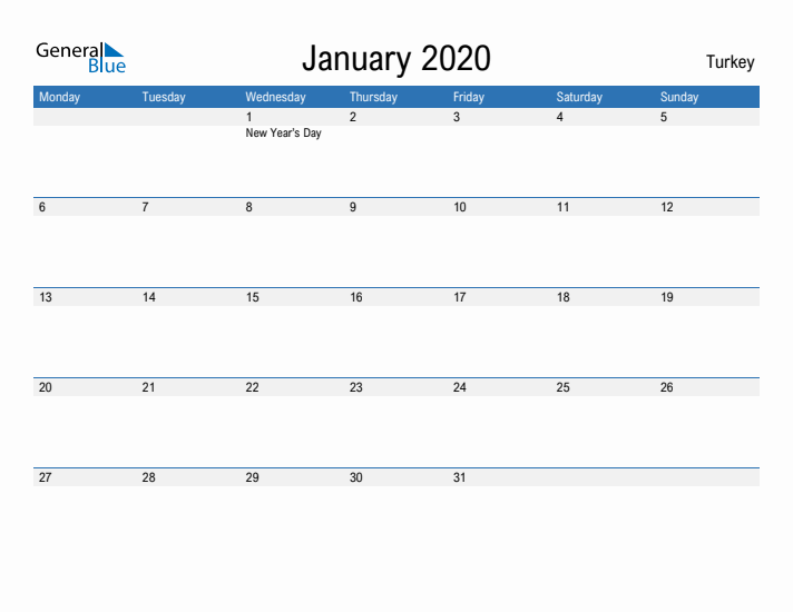 Fillable January 2020 Calendar