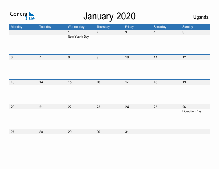 Fillable January 2020 Calendar