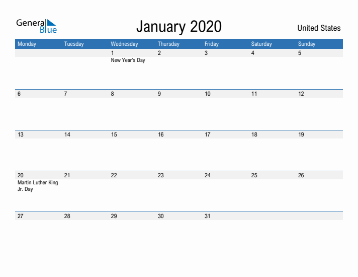 Fillable January 2020 Calendar