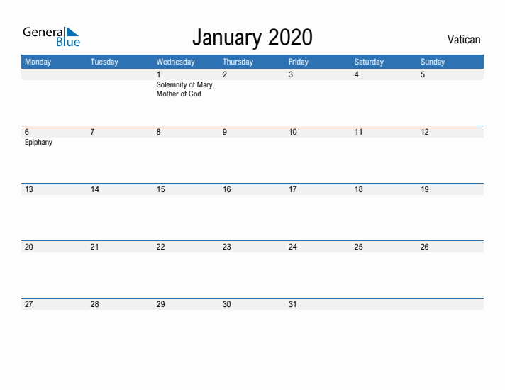 Fillable January 2020 Calendar