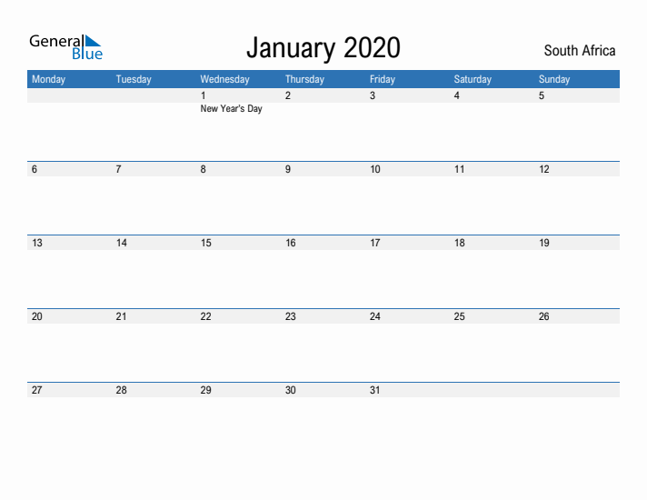 Fillable January 2020 Calendar