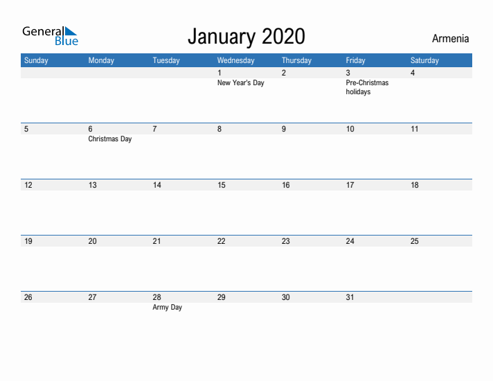 Fillable January 2020 Calendar