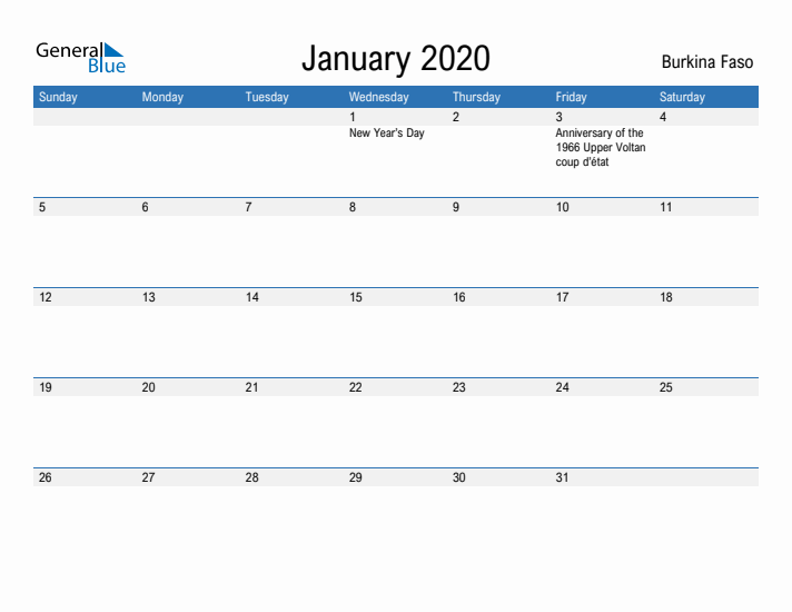 Fillable January 2020 Calendar