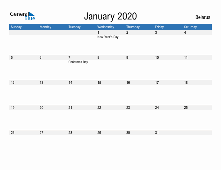 Fillable January 2020 Calendar