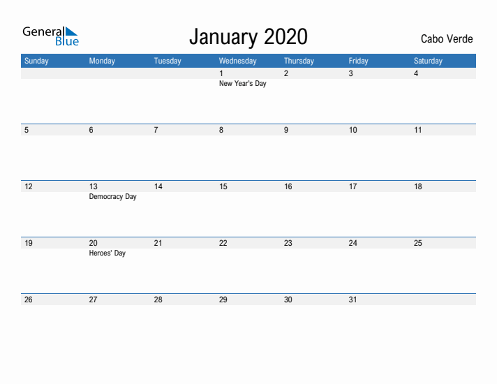 Fillable January 2020 Calendar