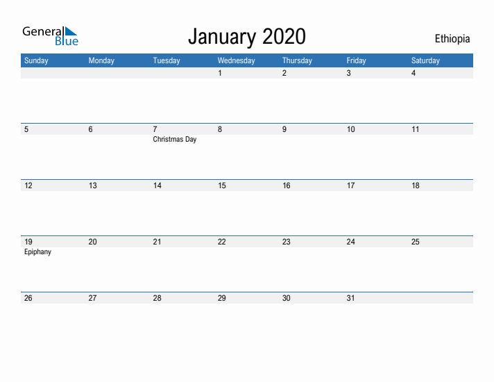 Fillable January 2020 Calendar