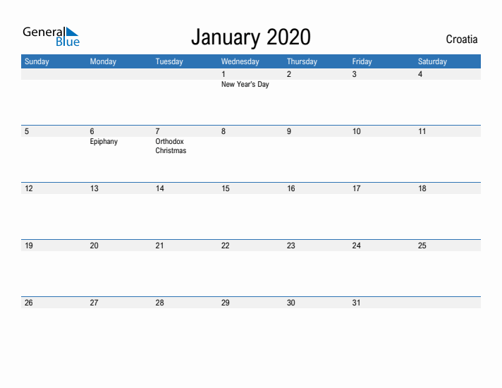 Fillable January 2020 Calendar