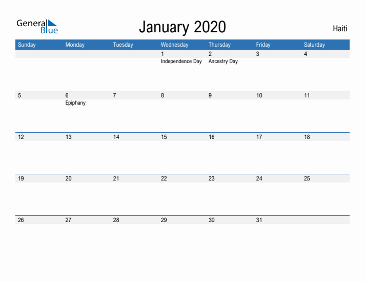 Fillable January 2020 Calendar