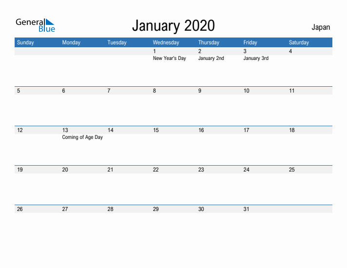 Fillable January 2020 Calendar