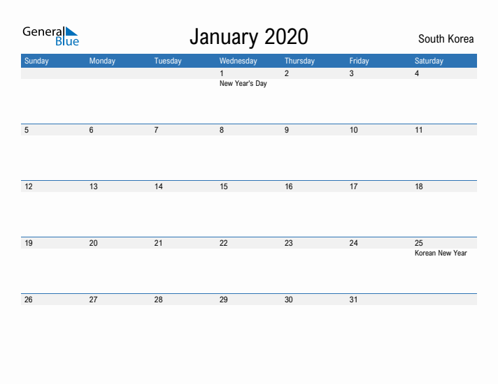 Fillable January 2020 Calendar