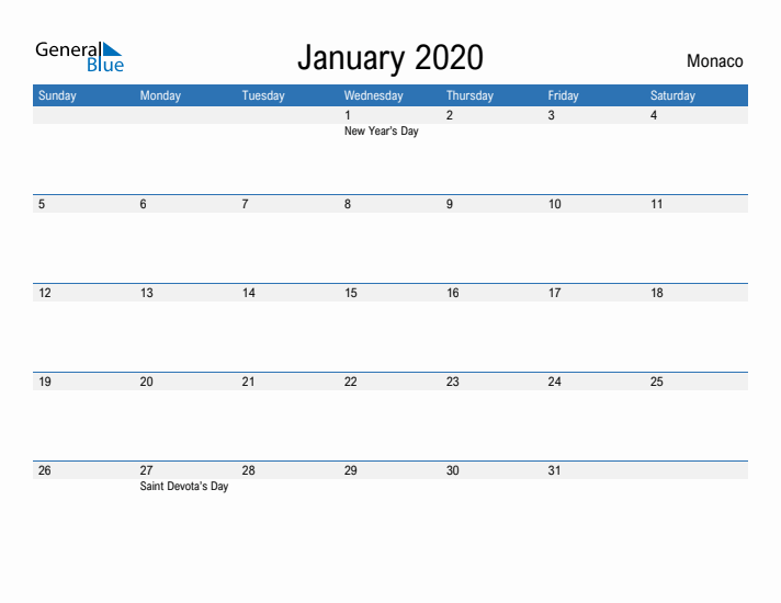 Fillable January 2020 Calendar