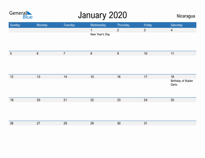 Fillable January 2020 Calendar