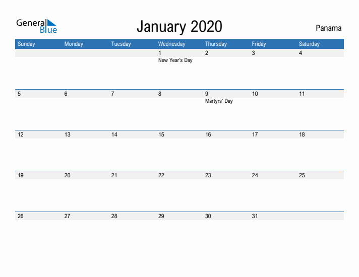 Fillable January 2020 Calendar