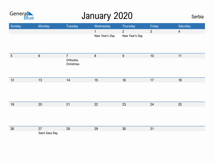 Fillable January 2020 Calendar