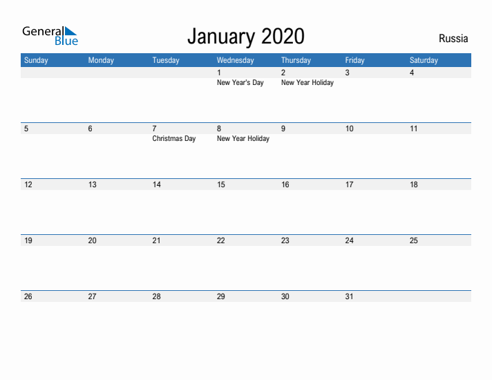 Fillable January 2020 Calendar