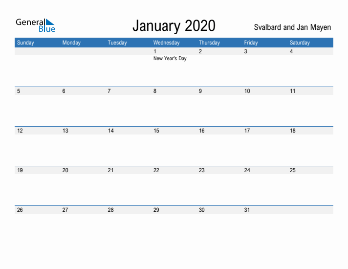 Fillable January 2020 Calendar