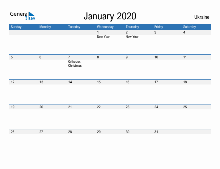 Fillable January 2020 Calendar