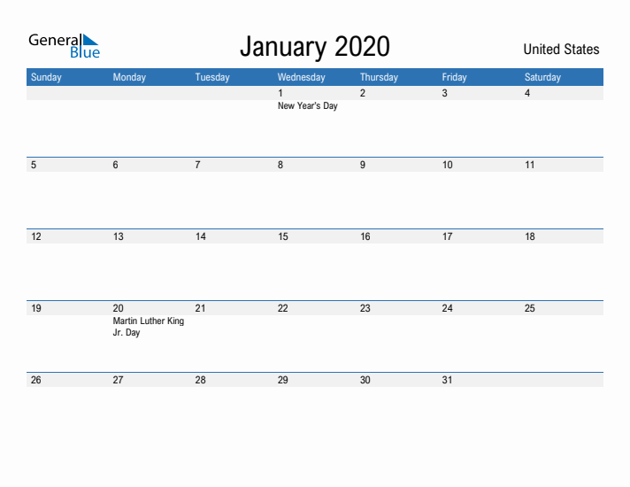 Fillable January 2020 Calendar