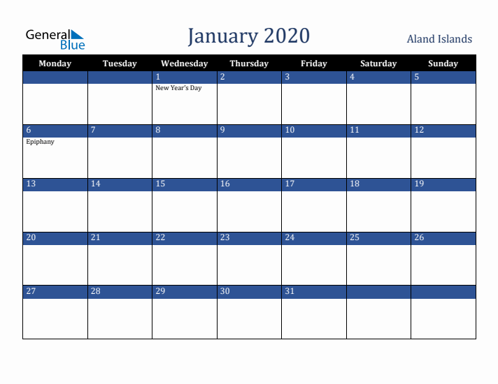 January 2020 Aland Islands Calendar (Monday Start)