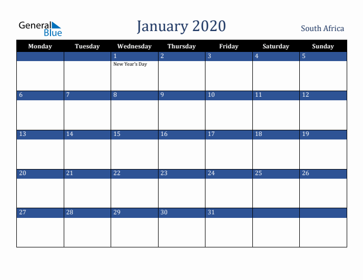 January 2020 South Africa Calendar (Monday Start)