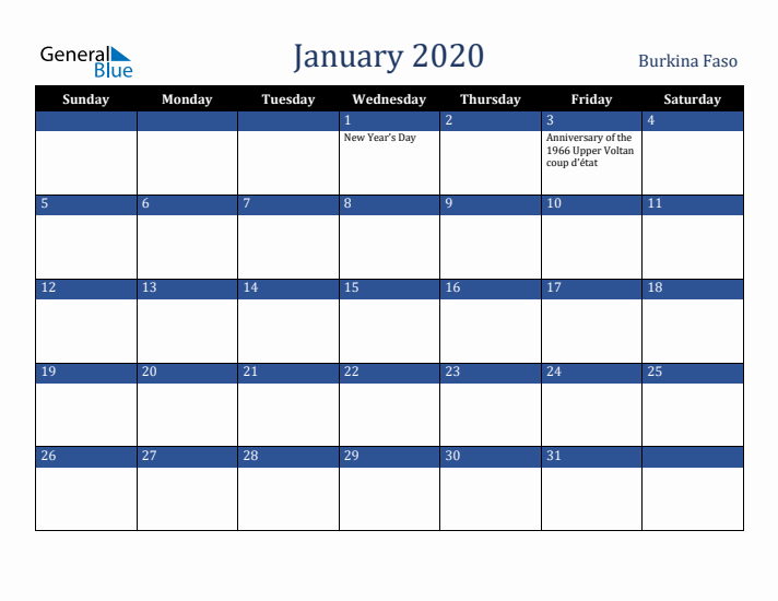 January 2020 Burkina Faso Calendar (Sunday Start)