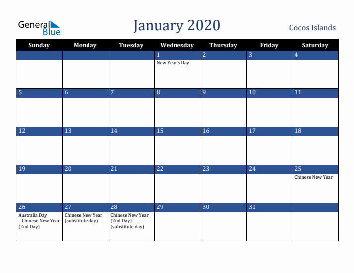 January 2020 Cocos Islands Calendar (Sunday Start)