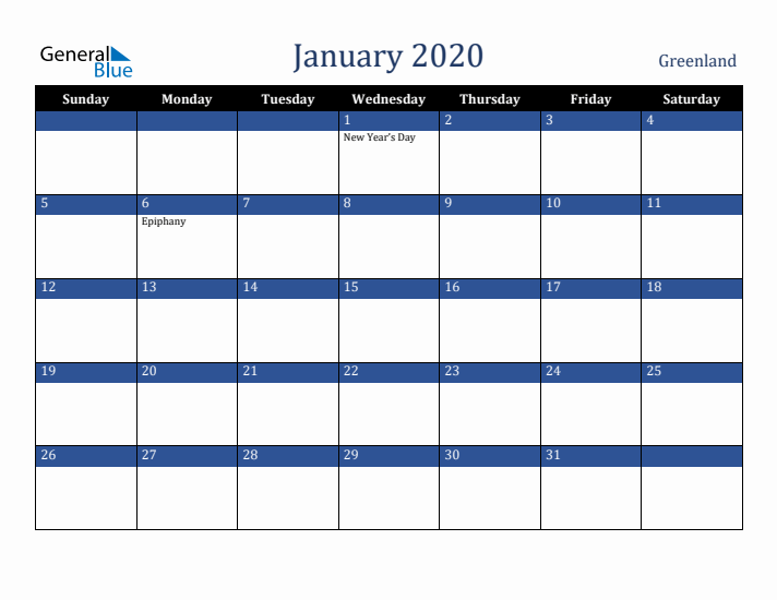 January 2020 Greenland Calendar (Sunday Start)