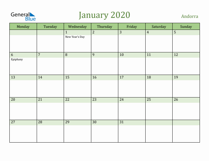 January 2020 Calendar with Andorra Holidays