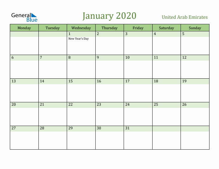 January 2020 Calendar with United Arab Emirates Holidays