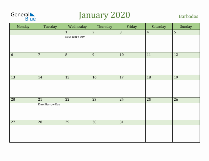 January 2020 Calendar with Barbados Holidays