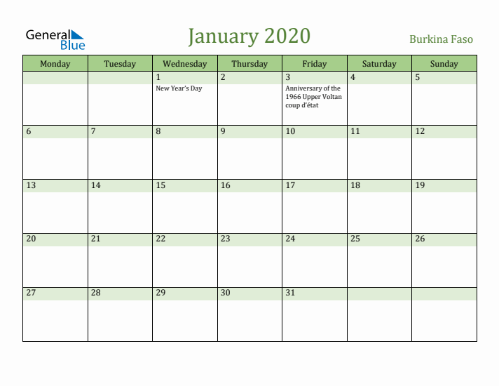 January 2020 Calendar with Burkina Faso Holidays