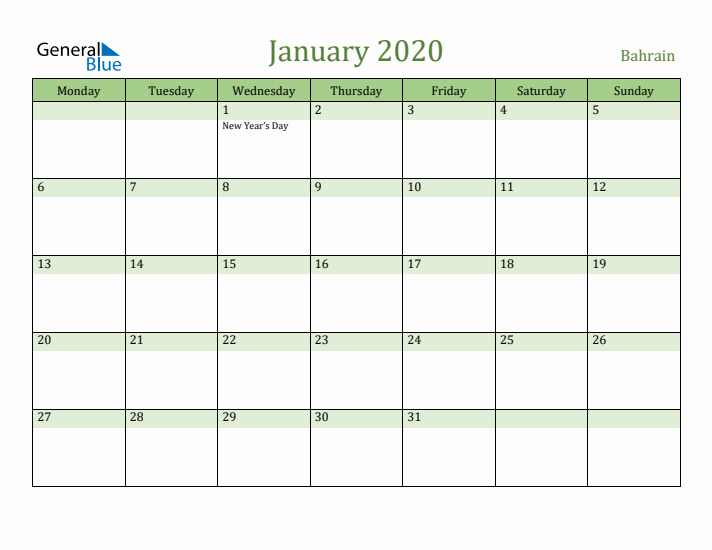 January 2020 Calendar with Bahrain Holidays