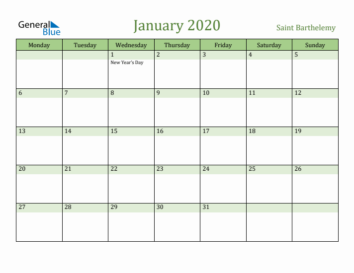 January 2020 Calendar with Saint Barthelemy Holidays