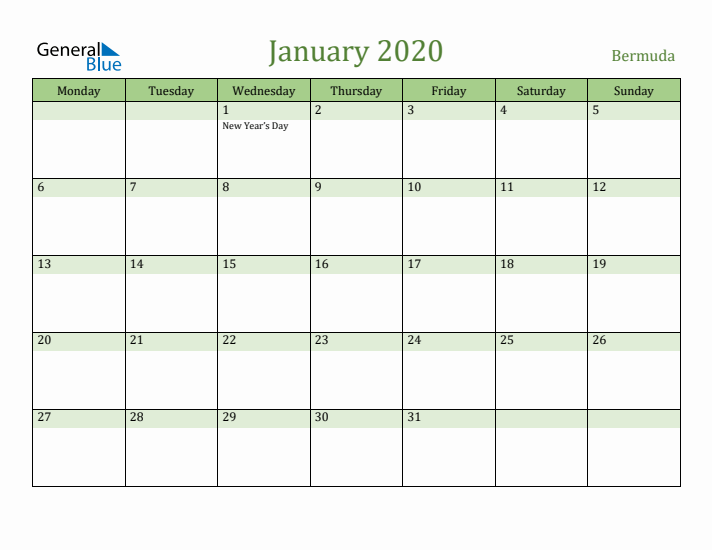 January 2020 Calendar with Bermuda Holidays