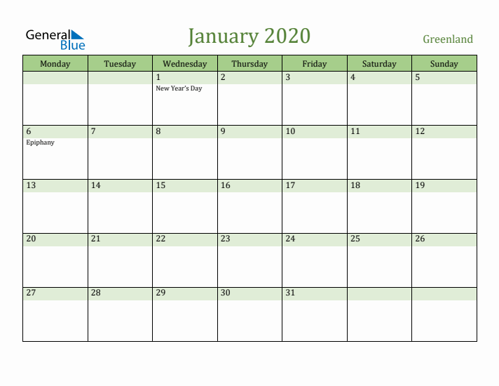 January 2020 Calendar with Greenland Holidays