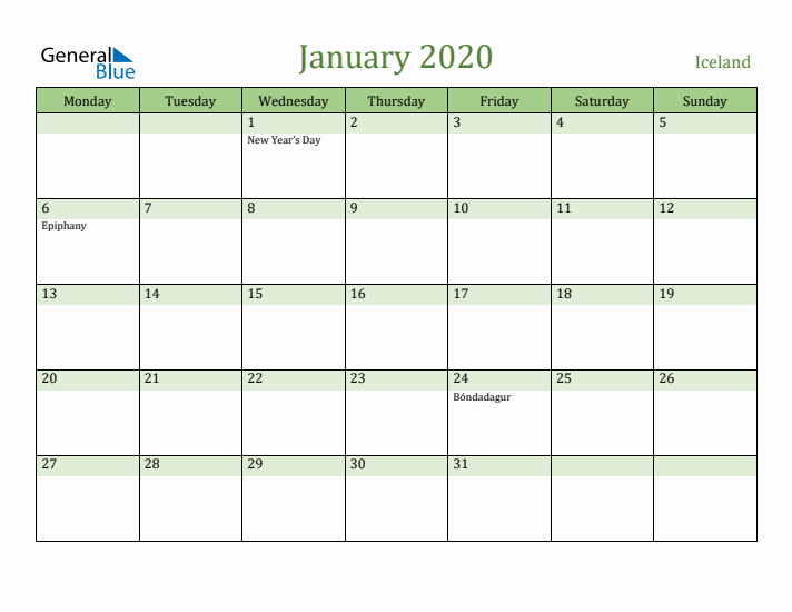 January 2020 Calendar with Iceland Holidays