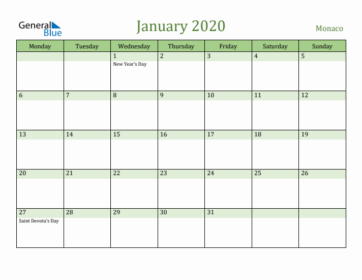 January 2020 Calendar with Monaco Holidays