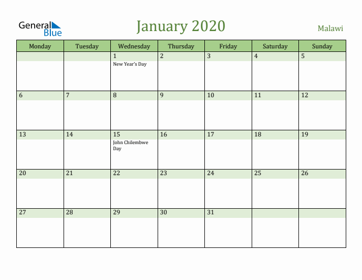 January 2020 Calendar with Malawi Holidays