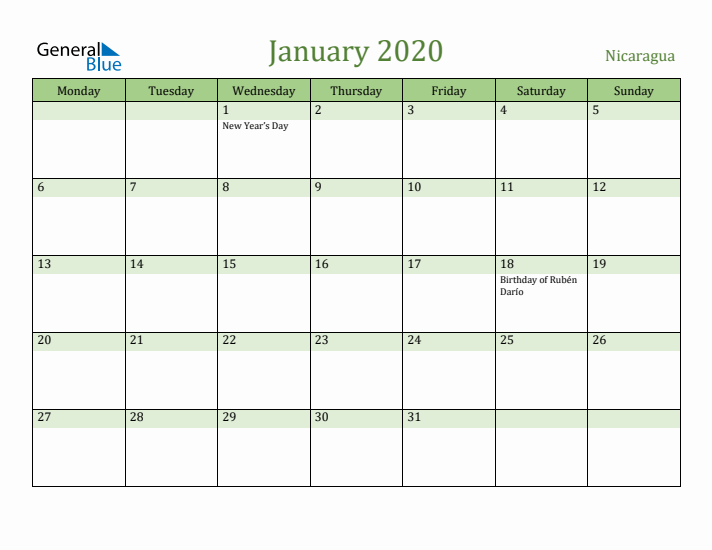 January 2020 Calendar with Nicaragua Holidays