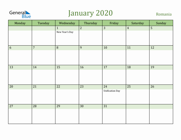 January 2020 Calendar with Romania Holidays