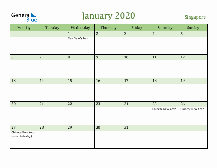 January 2020 Calendar with Singapore Holidays